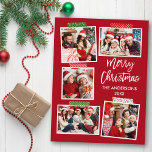 Penseelscript voor prettig kerstcadeautje Rood Briefkaart<br><div class="desc">Modern Brush Script Merry Christmas 5 Photo Collage met Craft Tape Holiday Briefkaart. Rode achtergrond.</div>