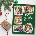 Penseelscript voor prettige kerstcadeautjes, groen briefkaart<br><div class="desc">Het moderne Manuscript van de Borstel kleurt Kerst 5 Foto collage met het Briefkaart van de Vakantie van de Tape van het Kraft. Forest Green Background</div>
