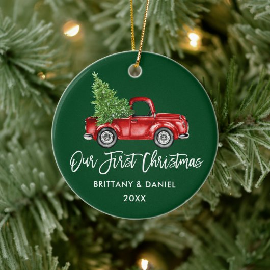 Penseelscript  Vrachtwagen Eerste Kerstmis Groen Keramisch Ornament (Boom)