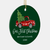 Penseelscript  Vrachtwagen Eerste Kerstmis Groen Keramisch Ornament (Rechts)