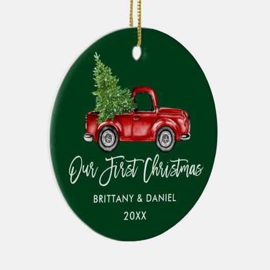 Penseelscript  Vrachtwagen Eerste Kerstmis Groen Keramisch Ornament (Rechts)