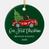 Penseelscript  Vrachtwagen Eerste Kerstmis Groen Keramisch Ornament (Voorkant)