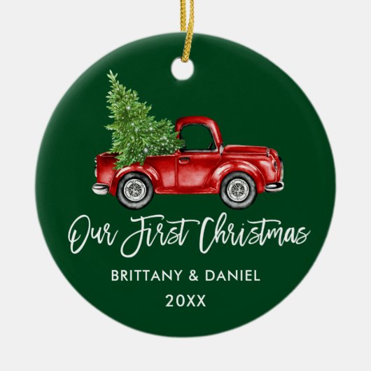 Penseelscript  Vrachtwagen Eerste Kerstmis Groen Keramisch Ornament (Voorkant)