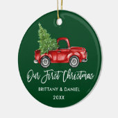 Penseelscript  Vrachtwagen Eerste Kerstmis Groen Keramisch Ornament (Links)