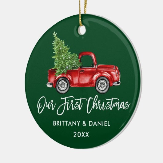 Penseelscript  Vrachtwagen Eerste Kerstmis Groen Keramisch Ornament (Links)