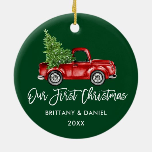 Penseelscript  Vrachtwagen Eerste Kerstmis Groen Keramisch Ornament (Achterkant)