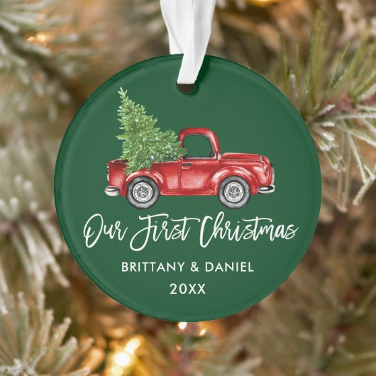 Penseelscript  Vrachtwagen Eerste Kerstmis Groen Ornament (Boom)