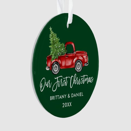 Penseelscript  Vrachtwagen Eerste Kerstmis Groen Ornament (voorkant)