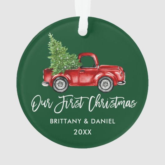 Penseelscript Vrachtwagen Eerste Kerstmis Groen Ornament (achterkant)