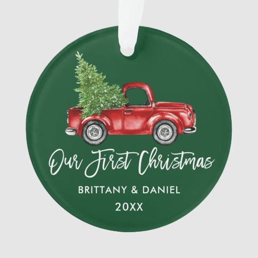 Penseelscript  Vrachtwagen Eerste Kerstmis Groen Ornament (voorkant)