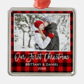 Penseelscriptie Roodspeldenpaar Eerste Kerstmis Metalen Ornament (Voorkant)