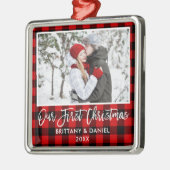 Penseelscriptie Roodspeldenpaar Eerste Kerstmis Metalen Ornament (Links)