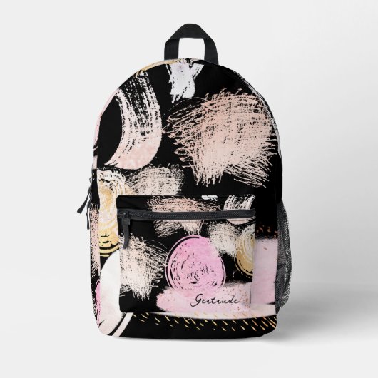 Penseelstreken en krabbels patroon op zwart bedrukte rugzak (Voorkant)