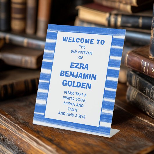 Penseelstreken Strepen Blauwe Bar Bat Mitswa CUSTO Reclamebord Met Voetstuk