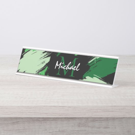 Penseelstreken tinten groene naam met monogram bureau naambordje (Voorkant)