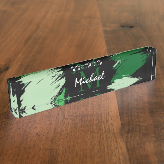 Penseelstreken tinten groene naam met monogram naambordje (Zijkant)