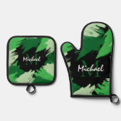 Penseelstreken tinten groene naam met monogram ovenwant & pannenlap set (Voorkant)