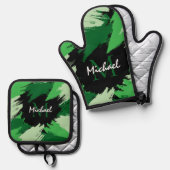 Penseelstreken tinten groene naam met monogram ovenwant & pannenlap set (Voorkant / Achterkant)