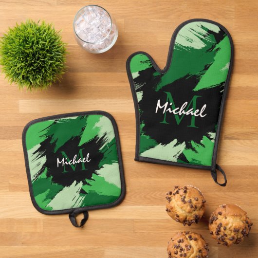 Penseelstreken tinten groene naam met monogram ovenwant & pannenlap set (Top down)