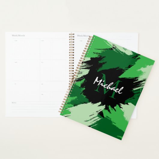 Penseelstreken tinten groene naam met monogram planner (Display)