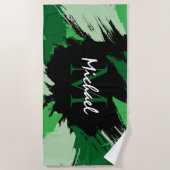 Penseelstreken tinten groene naam met monogram strandlaken (Voorkant)