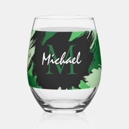 Penseelstreken tinten groene naam met monogram wijnglas zonder voet