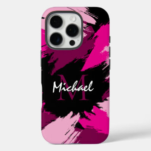 Penseelstreken tinten hete roze naam met monogram iPhone 16 pro hoesje