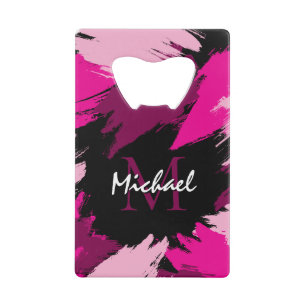 penseelstreken tinten hete roze naam met monogram creditkaart flessenopener