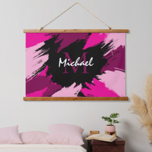 Penseelstreken tinten hete roze naam met monogram hangend wandkleed