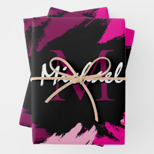 penseelstreken tinten hete roze naam met monogram inpakpapier vel