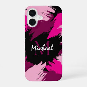 Penseelstreken tinten hete roze naam met monogram iPhone 16 hoesje