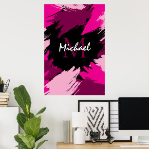 penseelstreken tinten hete roze naam met monogram poster