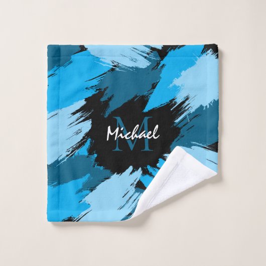 Penseelstreken tinten van blauwe naam met monogram bad handdoek (Wasdoekje)