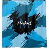 Penseelstreken tinten van blauwe naam met monogram douchegordijn (Voorkant)