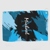 Penseelstreken tinten van blauwe naam met monogram golfhanddoek (Horizontaal)
