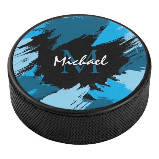 Penseelstreken tinten van blauwe naam met monogram hockey puck (3/4)
