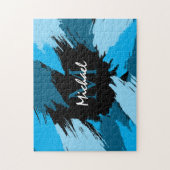 Penseelstreken tinten van blauwe naam met monogram legpuzzel (Verticaal)