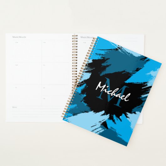 Penseelstreken tinten van blauwe naam met monogram planner (Display)