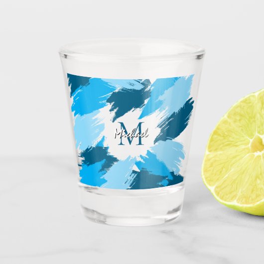 Penseelstreken tinten van blauwe naam met monogram shot glas (Voorkant)