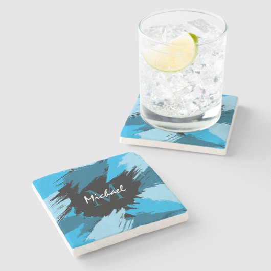 Penseelstreken tinten van blauwe naam met monogram stenen onderzetter (Zijkant)