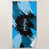 Penseelstreken tinten van blauwe naam met monogram strandlaken (Voorkant)