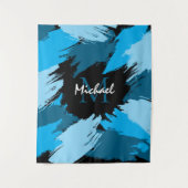 Penseelstreken tinten van blauwe naam met monogram wandkleed (Voorkant)