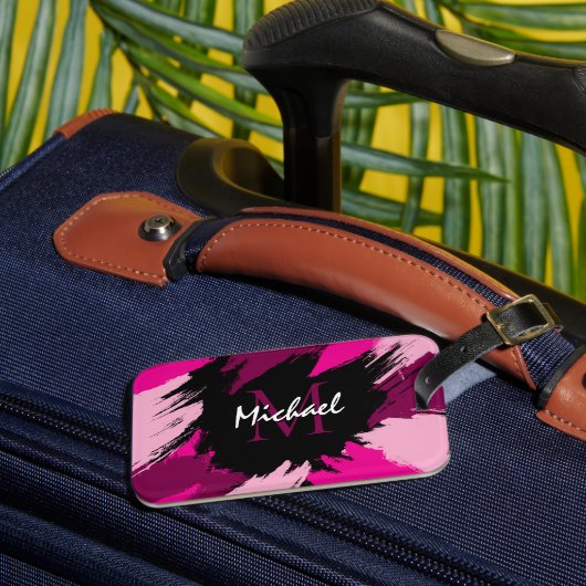 Penseelstreken tinten van hete roze naam met monog bagagelabel (Voorkant Insitu 3)