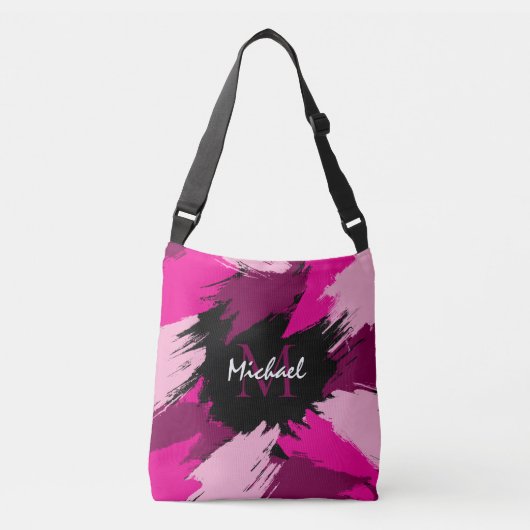 Penseelstreken tinten van hete roze naam met monog crossbody tas (Voorkant)