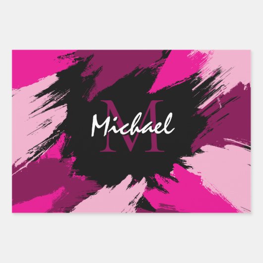 Penseelstreken tinten van hete roze naam met monog inpakpapier vel (Voorkant 3)