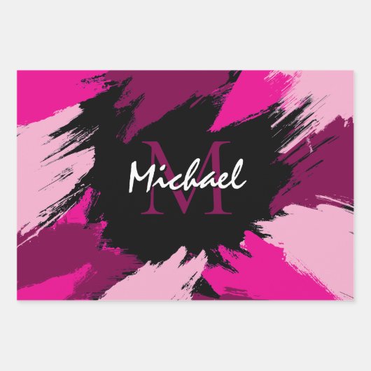 Penseelstreken tinten van hete roze naam met monog inpakpapier vel (Voorkant 2)