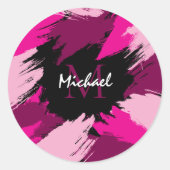 Penseelstreken tinten van hete roze naam met monog ronde sticker (Voorkant)