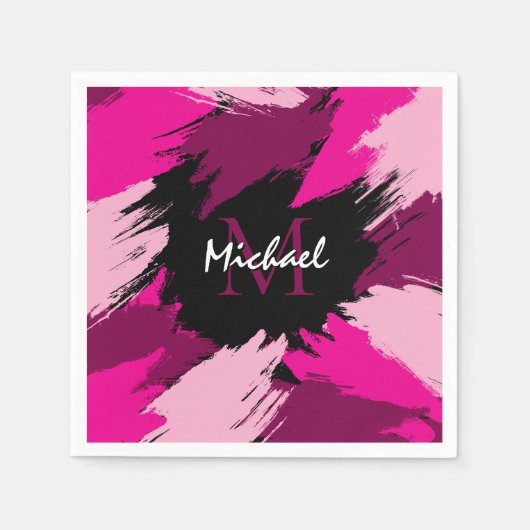 Penseelstreken tinten van hete roze naam met monog servet (Voorkant)