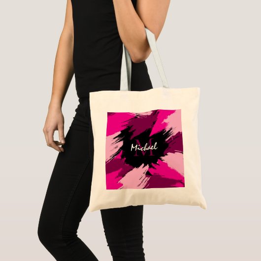 Penseelstreken tinten van hete roze naam met monog tote bag (Voorkant (product))