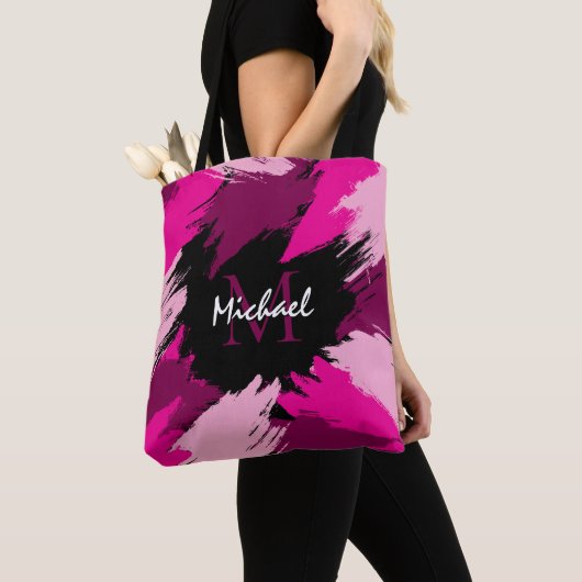 Penseelstreken tinten van hete roze naam met monog tote bag (Dichtbij)